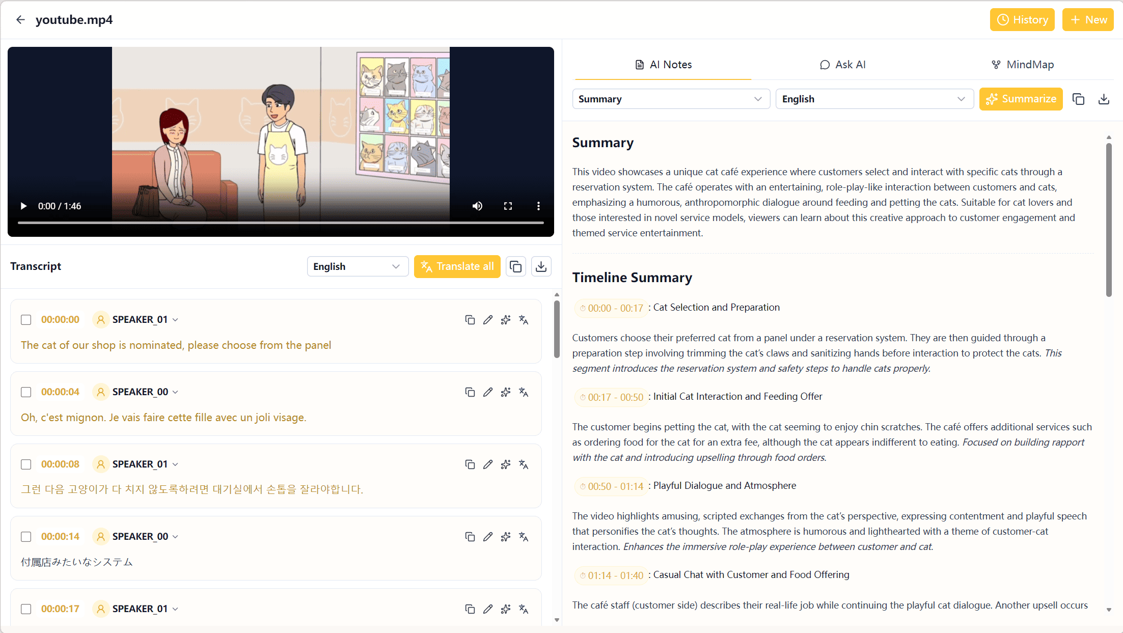 TranscribeAudio YouTube video transcription workspace