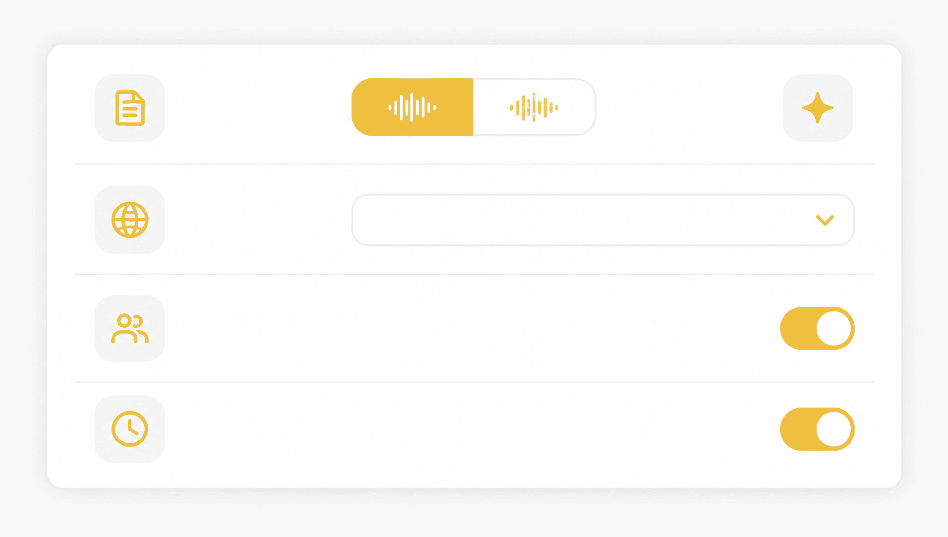 Transcription settings for language, speakers, timestamps, and output format