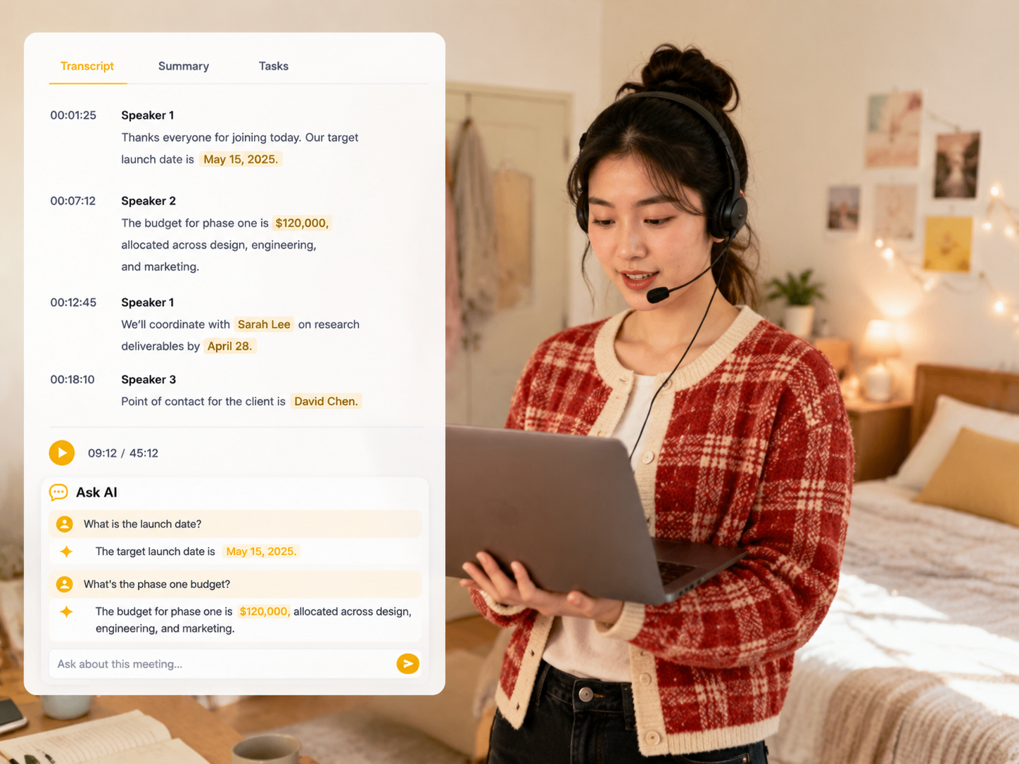 Video transcript result page with timestamped text and review tools