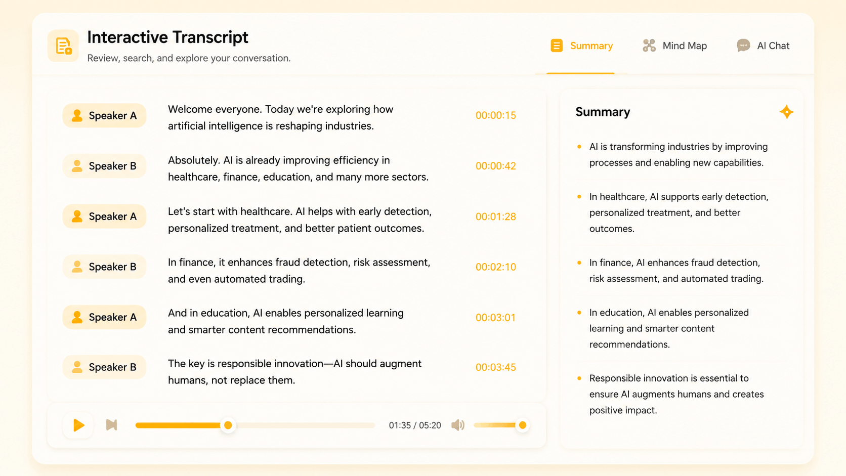 Generate a timestamped transcript with speaker labels