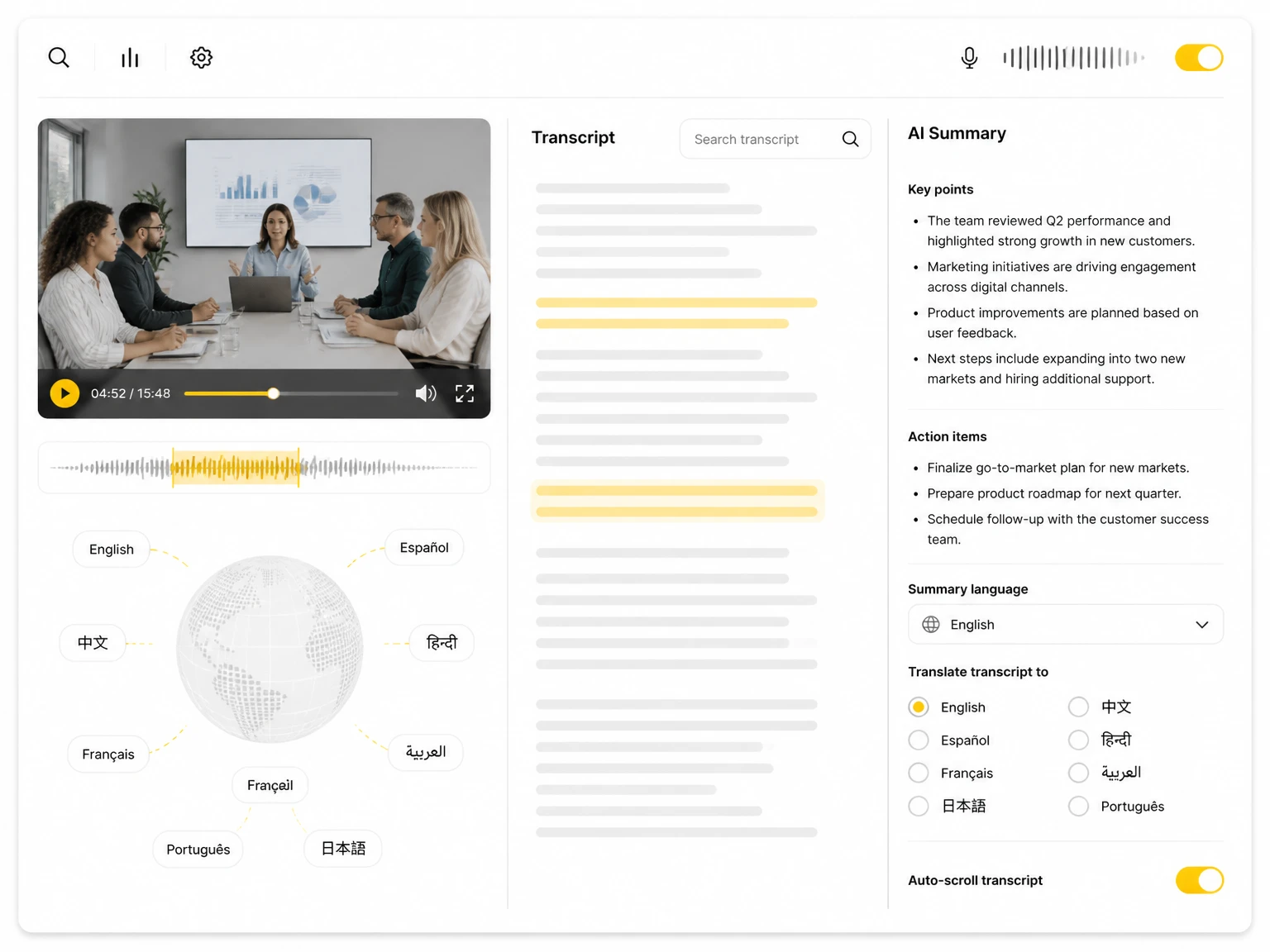 Translate or summarize a transcript in TranscribeAudio